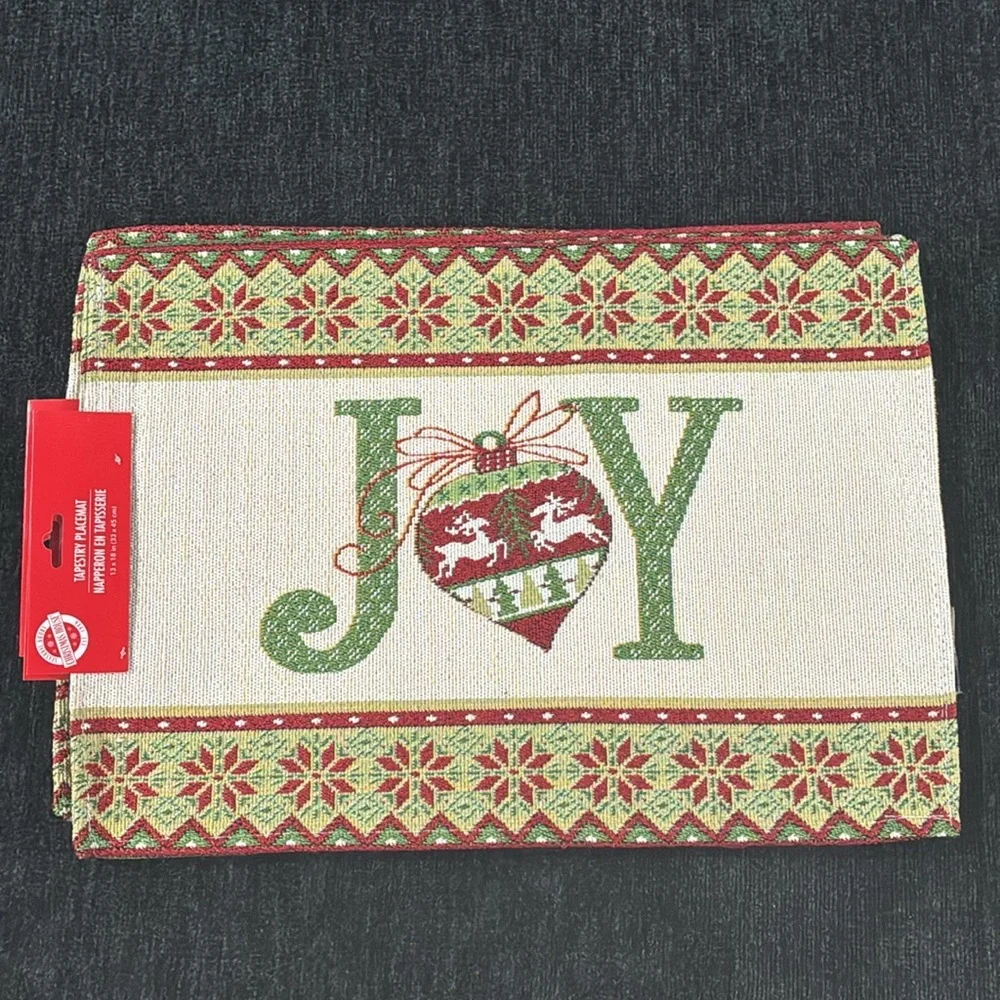 NWT- Set of 4- Cream- Red & Green JOY Ornament Holiday Tapestry Placemats 13x18